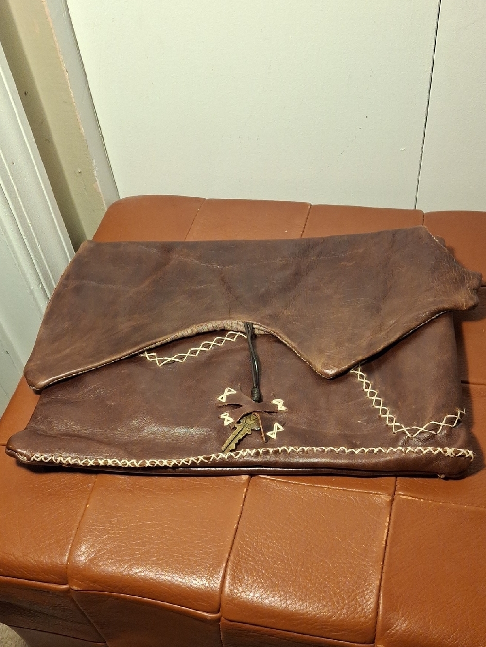 Handmade Brown Leather Fold-Over Clutch with Contrast Stitching